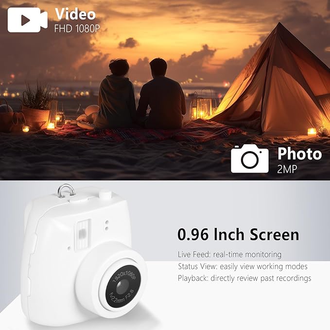 Mini Keychain Camera, FHD 1080p 8MP Mini Digital Camera with 32GB SD Card, 0.96" HD Display, 100 Mins Battery Life for Travel Recording Birthday Gifts (Unzip, White)