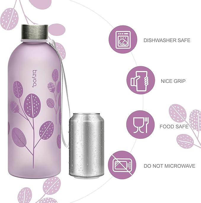 bzyoo 32oz 1 Liter Clear Water Bottle with Time Marker, Leaf Design, Durable Plastic, BPA-Free, Reusable with Measurement Markings for Fitness and Outdoor Activities (Color: Purple)