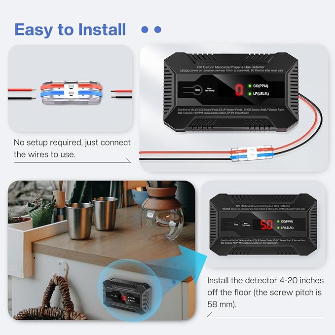 RV Carbon Monoxide & Propane Gas Detector, Dual LP/CO Gas Alarm with Separate LCD Indicator Lights, 85dB Loud Alarm, Carbon Monoxide Propane Gas Leak Detector for RV and Home Use-12V DC