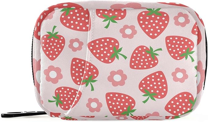 Strawberry Fruits Floral Pill Box 7 Day Pill Case Travel Pill Organizer Bag with Zipper Portable Weekly Vitamin Medicine Supplement Holder Pouch Bag