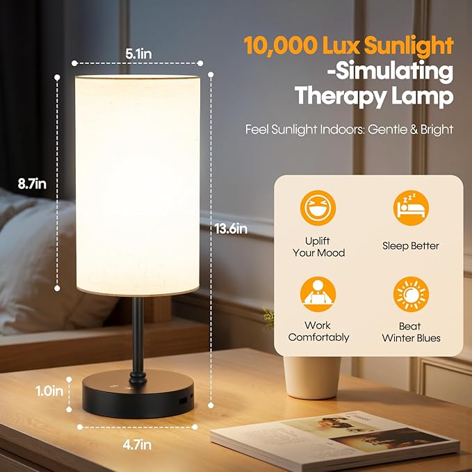 NIORSUN Light Therapy Lamp,10000 Lux Sun Lamp with Remote,3 Color Temperatures & Stepless Dimming,Happy Sunlight Lamp with USB C & A Ports,UV-Free Full Spectrum Light for Home,Office