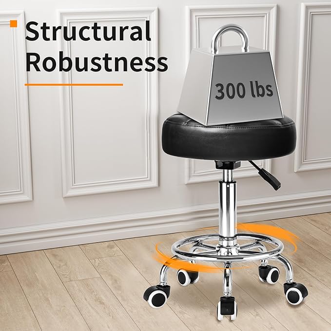 Rolling Stool PU Leather Round - Ultra Soft Padded Seat Cushion Stool with Wheels with Footrest, Weight Capacity 300lb,Adjustable Height Stool for Tattoo Massage Salon Medical Spa Center (Jet Black)