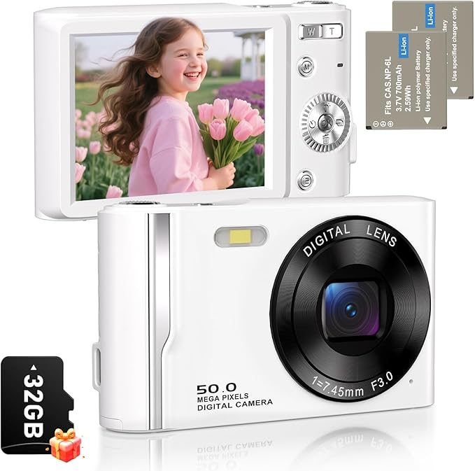 50MP 4K Digital Camera for Photography, Autofocus Vlogging Camera with 32GB TF Card & 2 Batteries, 16X Zoom Compact Point and Shoot Camera for Kids Teens Beginners, White