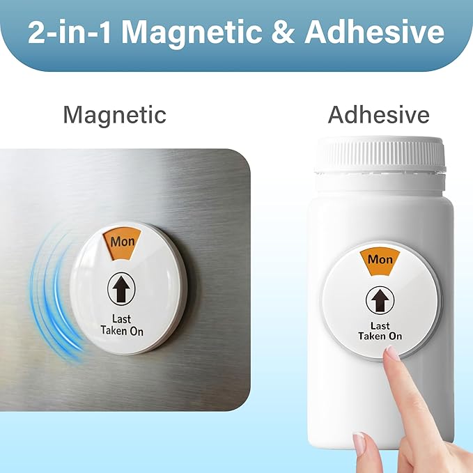 4 Pack 7-Day Pill Reminder Tracker 2-in-1 Magnetic & Adhesive – Stick to Plastic or Glass Bottles, or Attach Magnetically to Fridge/Metal Surfaces – Reusable for Medications, Vitamins, Pet Medicine