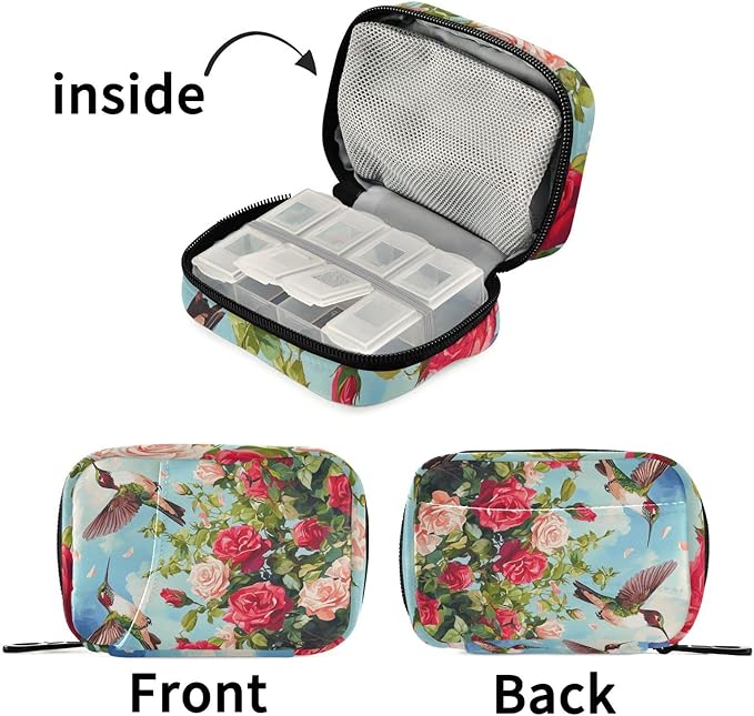 Cartoon July 4th Red Roses and Hummingbirds Travel Pill Organizer Weekly Small (Cute) Pill Box 7 Day Pill Case Vitamin Holder Pill Bottle Organizer