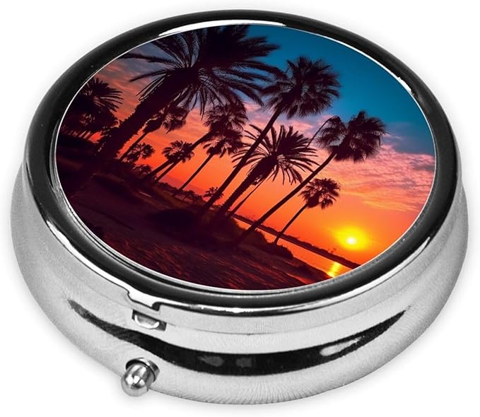 Palm Tree Sunset Pill Case 3 Compartment Pill Box Portable Metal Pill Organizer Cute Travel Pill Container Vitamin Organizer for Purse Pocket Travel Gift