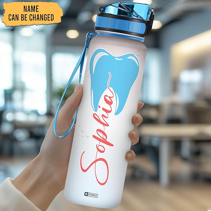 Hyturtle Personalized Dental Water Bottle - 32oz Motivational Water Bottle with Leak-Proof Lid Time Marker - Custom Name Gift for Dentists Dental Hygienists Dental Students - Birthday, Christmas Gift