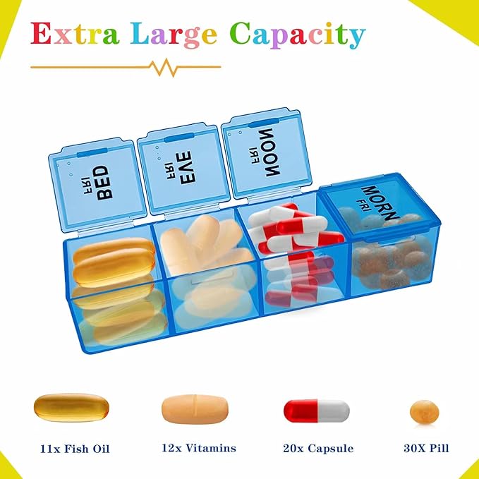 Weekly Pill Organizer 4 Times a Day, Large Medicine Organizer, Pill Box 7 Day 28 Compartment, Portable Travel Pill Container Case for Vitamin and Supplement (Color)