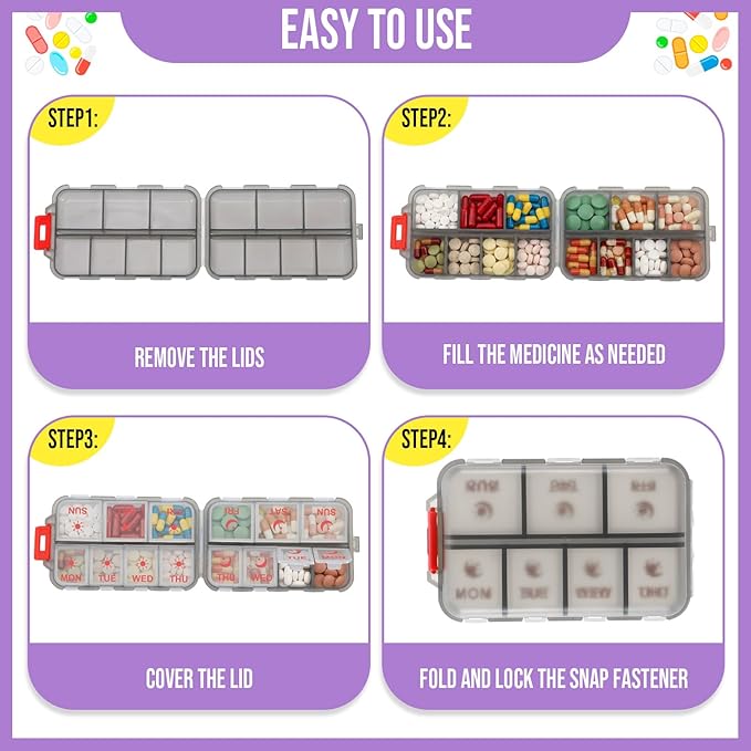 4 Pack 14 Grids Travel Pill Organizer with Printed Labels 2 Times a Day Pill Organizer Foldable Travel Medicine Kit Am Pm Weekly Medicine Box for Vitamin Fish Oil Supplement Storage