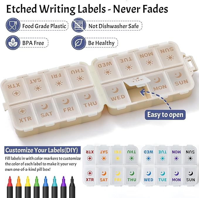 Foldable & Portable Pill Organizer 2 Times A Day with Extra Compartments - Etched Labels - Weekly 7 Day AM PM Medicine Box, Week Daily Travel Pill Case Holder Dispenser for Vitamin, Supplement - Khaki