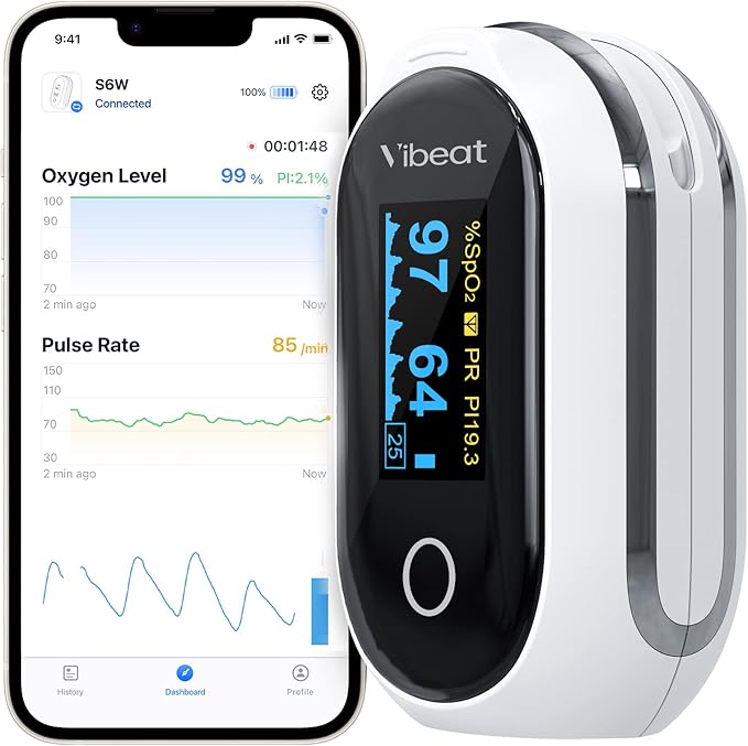 Vibeat Rechargeable Oxygen Meter Finger Pulse Oximeter, Bluetooth Fingertip Blood Oxygen Saturation Monitor with Pulse Rate, Batteries and Lanyard Included, Free APP