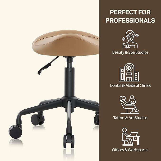 Ergonomic Saddle Seat Adjustable Pneumatic Hydraulic Drafting Swivel Rolling Stool Chair for Medical Hygienic SPA Massage Salon Home and Office - Hilo 508 (Tan, Standard)