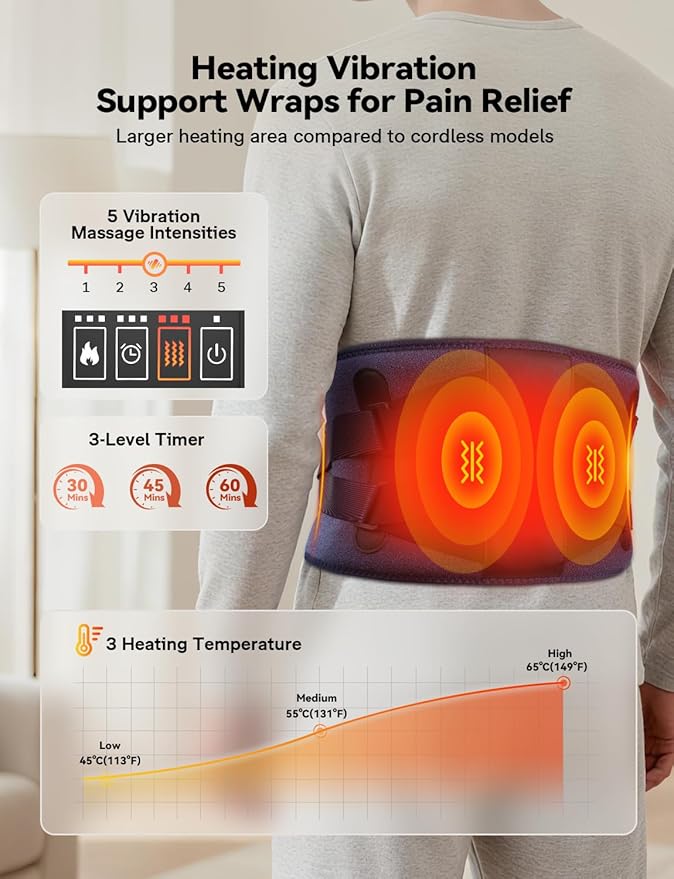 10000mAh Cordless Heating Pad for Back Pain Relief, Rechargeable Lower Back Massager with 3 Heat &Timer, 5 Vibration Portable Wearable Heating Pad for Cramps, Gifts for Women Men Mom Dad Mother Father