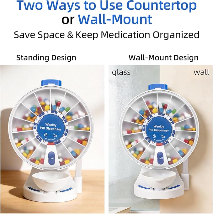 JULOS 14 Days Pill Organizer with Wall-Mounted or Standing Use for Elderly, Daily Large Pill Box with Easy Press Button, Pill Organizer for Medicine, Vitamin or Supplements, Blue