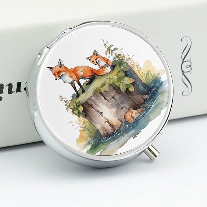 Hand Drawn Fox Pill Box Travel Pill Case for Purse Pocket Weekly Medicine Organizer with Mirror 3 Compartment Round Medicine Case Portable PillcaseHolder for Daily