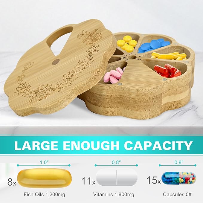 Bamboo Wood Weekly Pill Organizer for Medicine Vitamin 7 Day Round Scalloped Magnetic Pill Box Holder Flower Shape Aesthetic Tablet Box Compartments Container Portable