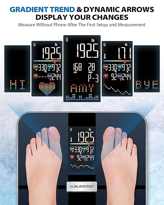 ABLEGRID Smart Body Fat Scale, Rechargeable Digital Bathroom Scale for Body Weight, Gradient Trends and Difference in Change Display, 22 Body Metrics, BMI, Muscle Mass, Heart Rate, Water Weight, 400lb
