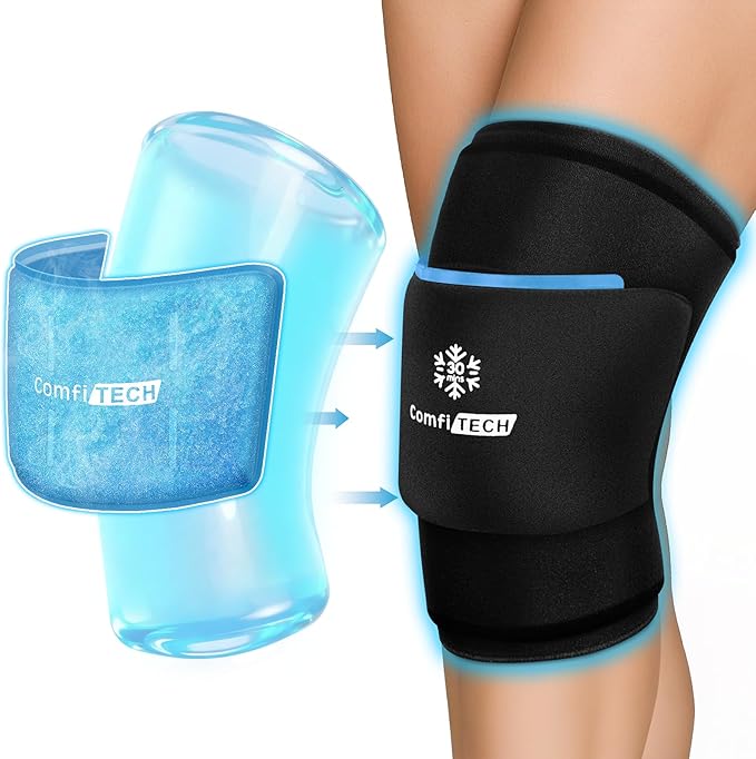 ComfiTECH Dual-Gel Pack Knee Ice Sleeve with Extended 30-Minute Cooling, Detachable Ice Pack & Flexible Reusable Gel Ice Wrap for Soothing Discomfort & Fatigue in Knee, Thigh and Calf, Medium