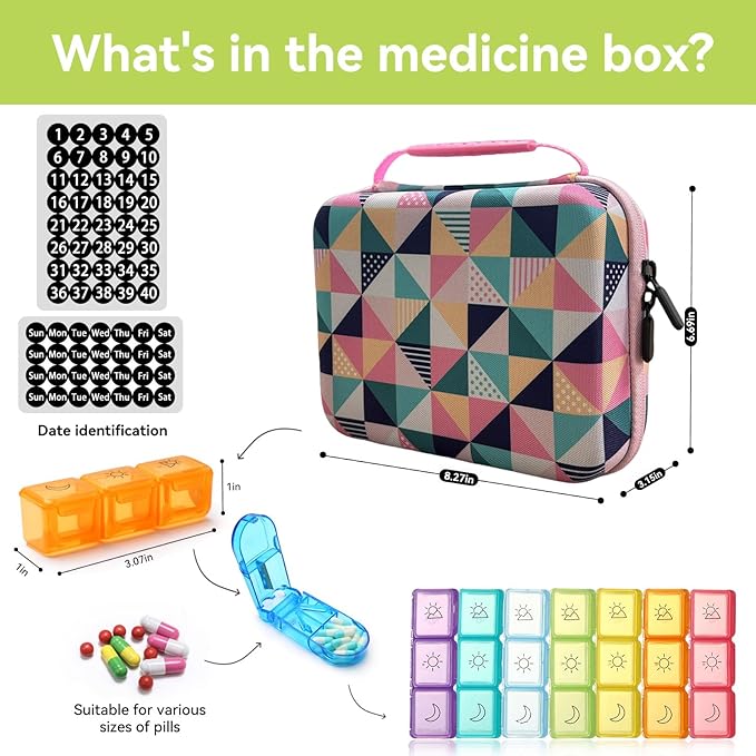 31-Day Monthly Pill Organizer with 3 Daily Compartments, Travel Medication Box with Pill Cutter, AM PM Storage Case (Rhombus 31-Day Medication Storage Box)