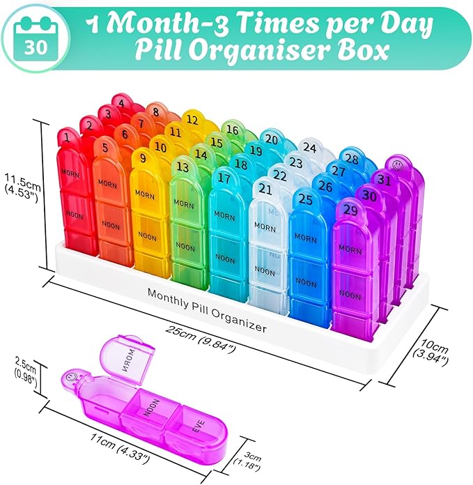 Cruxer Monthly Pill Organiser 3 Times a Day, Detachable 31 Day Pill Box, Travel 3 Times Pill Container, Pill Case 1 Month 32 Compartments, Tablet Organiser to Hold Vitamins, Fish Oil, Supplements