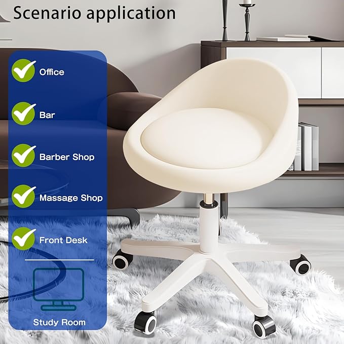 Rolling Stool Set of 2– Ergonomic Swivel Seat, Adjustable Height, Ultra-Quiet Wheels, Padded PU Leather Cushion, for Salon, Office, Massage & Medical Use Beige