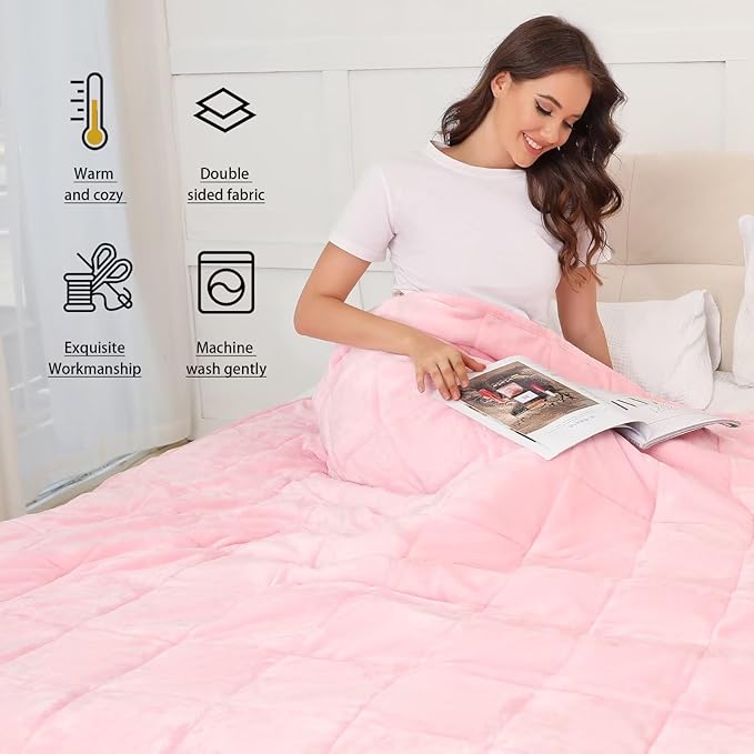 Alomidds Weighted Blanket Queen Size 20lbs 60 x 80 inches,Adult Weighted Blankets with Soft Plush Fleece,Fluffy Thick Warm Sherpa & Cozy Flannel Microfiber Heavy Blanket for Sofa Bed,Pink