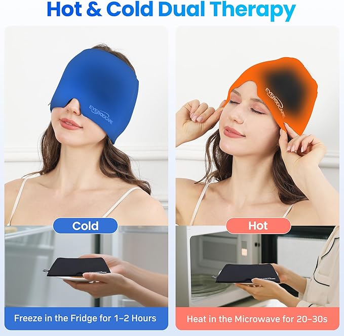 Migraine Relief Cap, Reusable Headache Relief Cap with Hot & Cold Therapy, Soothing Headache Hat, Odorless Gel Ice Head Wrap for Tension, Stress & Sinus, Headache & Puffy Eyes