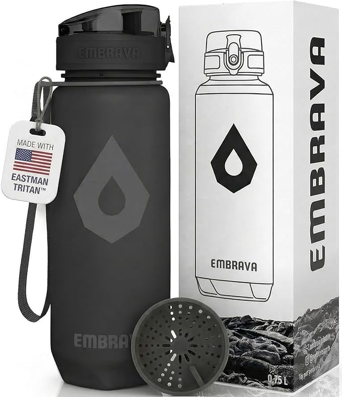 Embrava 24 oz Water Bottle with Time Marker - BPA Free Motivational Sports Bottle - Leak Proof Flip Top Lightweight Tritan Plastic - Gym School Office Hiking - Time Marked Water Bottles for Women Men