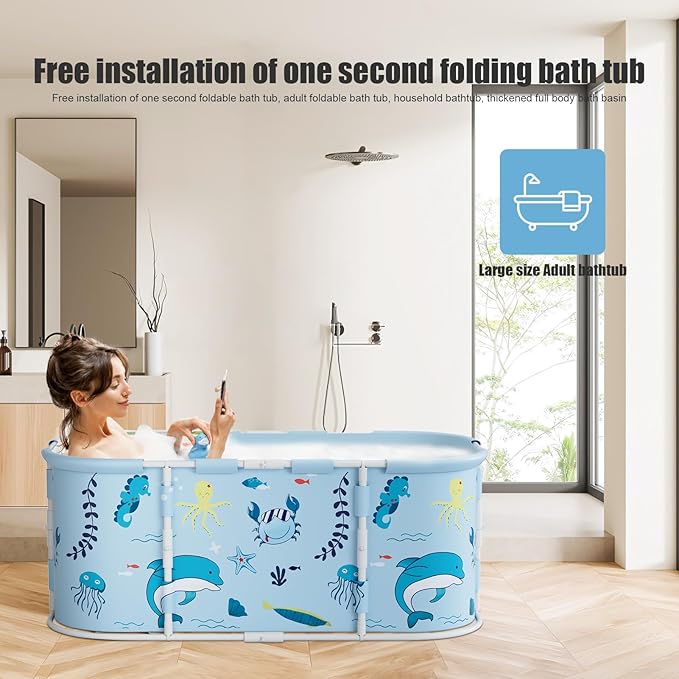 Portable Foldable Bathtub for Adult, 47" Folding Tub, Soaking Bathtub for Hot Bath and Ice Bath, Freestanding Surround Collapsible Bathtubs, Reinforced Bracket, Large Capacity (Light Blue)