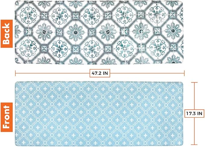 OPUX Anti Fatigue Kitchen Floor Mat, Reversible Cushioned Memory Foam Kitchen Rug Pad, Waterproof Non-Slip Padded Comfort Standing Mat Office Laundry Home, 47x17 (Floral Tile Blue)