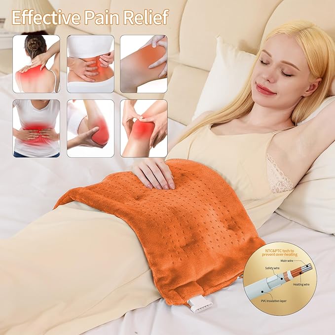 Massaging Weighted Heating Pad - Electric Heating Pad for Back Pain Relief with Massager, 3 Heat, 6 Massage, Auto Off, Extra Large Vibrating Heat Pad for Shoulder Neck (Pumpkin Yellow, 12"×24")