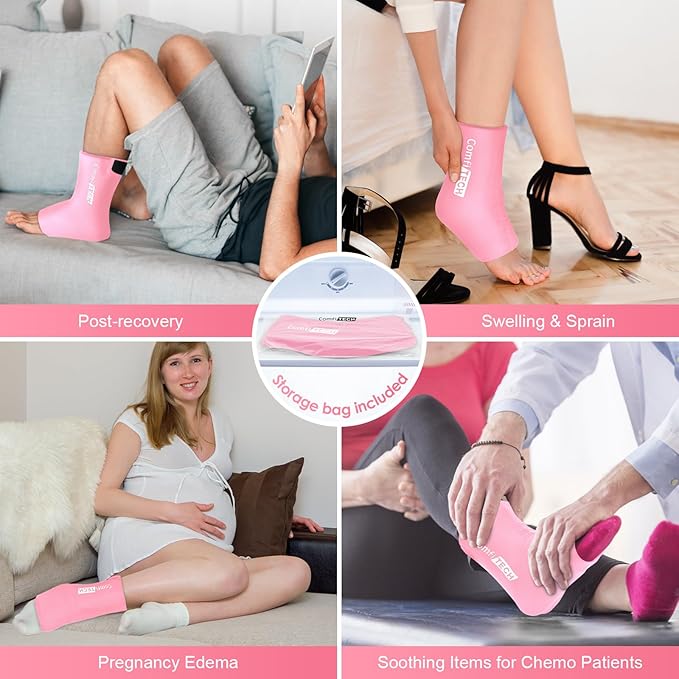 Comfitech Ankle Ice Pack Wrap Sleeve with Large Opening, Reusable Gel Cold Pad for Foot and Heel, X-Large, Pink