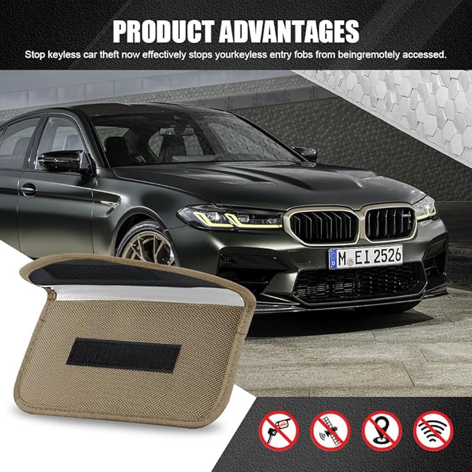 2PCS Faraday Bags for Car Key and Cell Phone, Signal Blocking Bag, Faraday Key Fob Protector, Universal Cell Phone Privacy Card Protection Car Accessories for Anti-Thefting (Khaki)