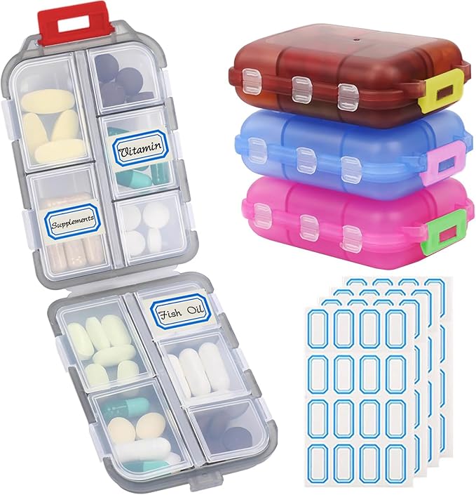4PCS Travel Pill Organizer Portable Pocket Pill Case Small Pill Box for Purse Medicine Organizer Have 10 Compartments Storage Vitamin Fish Oil by INVODA (4 Pack+Lables)