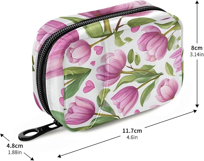 Romantic Pink Tulips and Hearts Travel Pill Organizer Case Box Container Weekly Portable Vitamin Medicine Holder Storage Bag with Zipper Removable