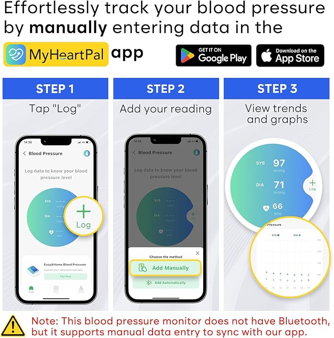 Blood Pressure Monitor for Home Use: Easy@Home Upper Arm Large Cuff BP Machine - Automatic Tensiometer with 3-Color Backlit Hypertension Display and 2 Users, Supports Free MyHeartPal App Scan, EBP-095