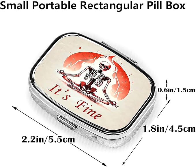 ABLESKY Pill Box, 2 Compartment Pill Organizer Case for Pocket or Purse, Small Portable Metal Travel Medicine Box with Mirror, Daily Vitamins Fish Oil Container-Skull Yoga It's Fine