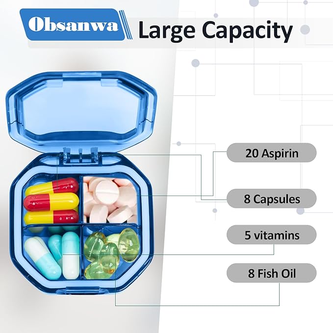 Daily Pill Organizer, 2 Pack 4 Compartments Small Pill Box Portable Pill Case, Travel Pill Organizer for Purse Pocket to Hold Vitamins, Cod Liver Oil, Supplements and Medication (Blue+Green)