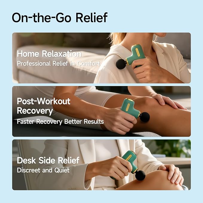 Super Mini Massage Gun Deep Tissue, Handheld Muscle Massager with 4 Heads, Quiet Percussion Travel Size Massager for Back Pain Relief, Home, Gym & Office, Green