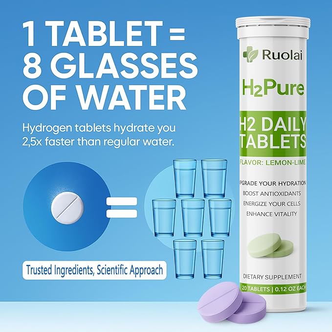 Ruolai H2pure Hydrogen Tablets – H2 Tabs – Fast-Dissolving Hydrogen Supplement for Cellular Hydration, Detox, Liver & Mental Clarity – Caffeine-Free, Vegan (Lemon-Lime)