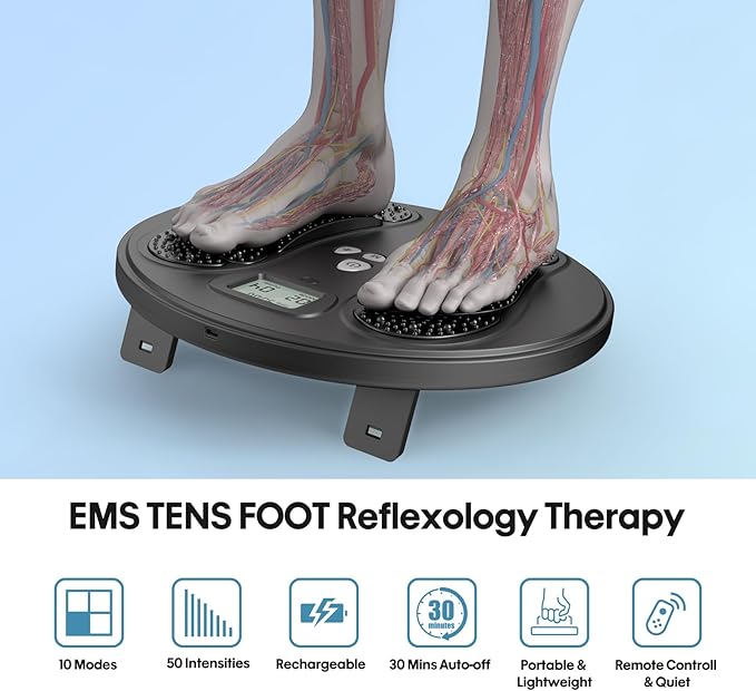 Y&LJ EMS Foot Massager for Neuropathy and Circulation, Rechargeable TENS Foot Stimulator with 10 Modes & 50 Intensities, Pain Relief Foot Massager for Plantar Fasciitis, Gift for Mom Dad