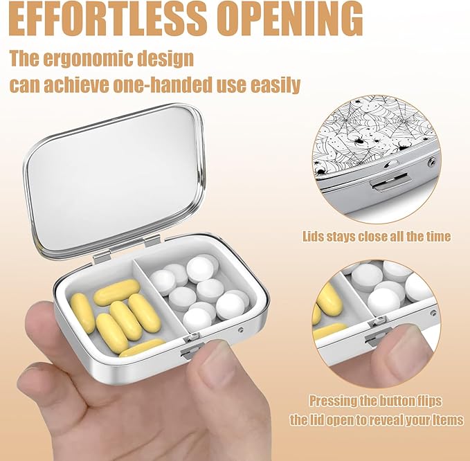 Pill Box-2 Compartment Small Pill Case Square Organizer Case with Mirror Portable Metal Medicine Box Travel Container for Pocket & Purse Women Men(Spider Web)