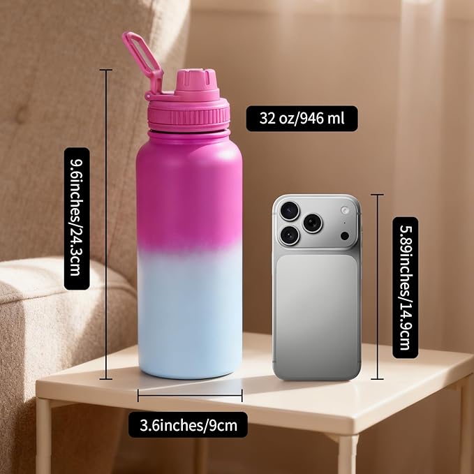 Motivational Water Bottle 32oz with Time Marker- Leakproof & BPA Free Sports Water Bottle with Straw & Carry Strap for Gym, Travel and Outdoor Sports (Stainless steel insulation-PurpleBlue)