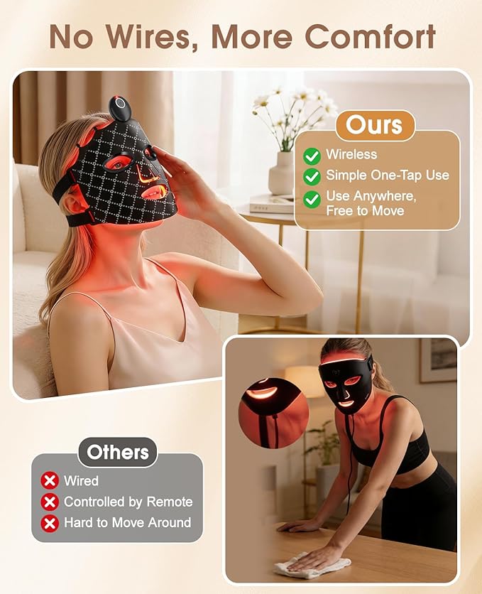 Red Light Therapy Mask for Face, LED Face Mask with 7 Colors Modes, Rechargeable Beauty Device with Eye Shields, Adjustable Straps & Timer for Home Travel Skincare