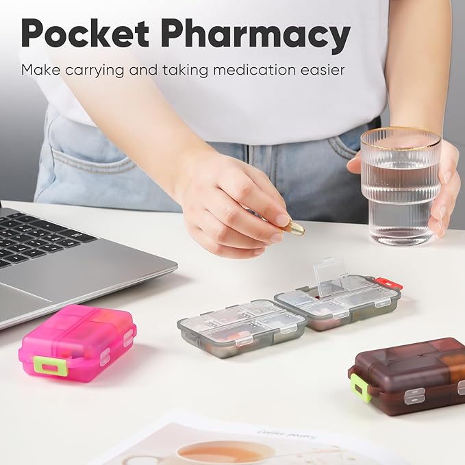 4 Pack Travel Pill Organizer Small Pill Case Pocket Pill Box Portable Medicine Organizer Box with Lables and Pill Cutter (Multi-Colored)