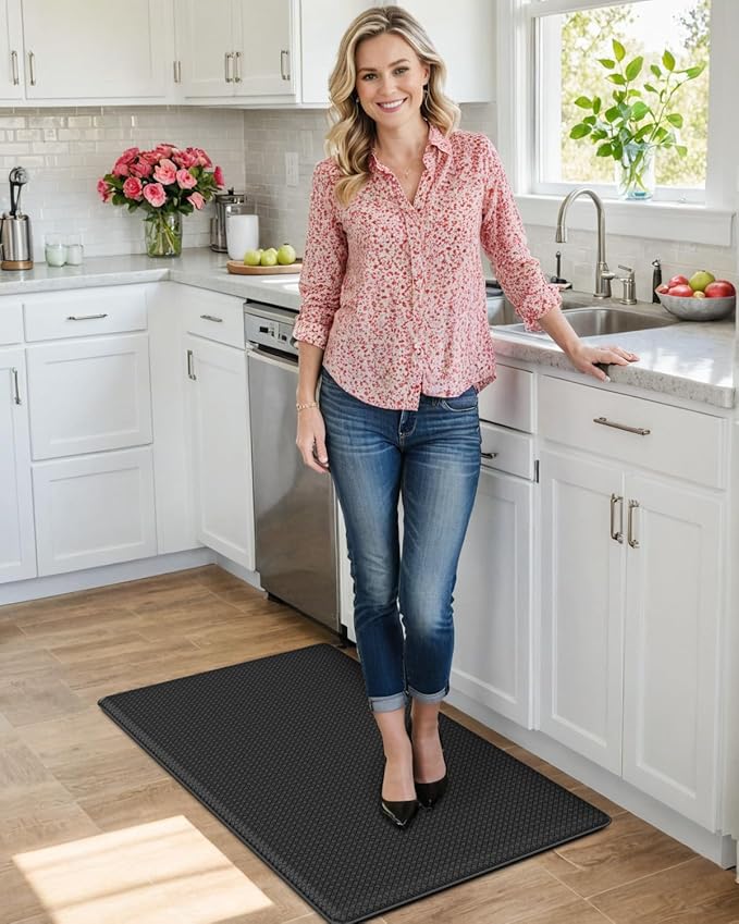 DEXI Kitchen Floor Mats Cushioned Anti Fatigue,17x29+17x59, Standing Runner Rug Waterproof, Comfort Memory Foam Padded for Front Sink Laundry Set of 2, Black