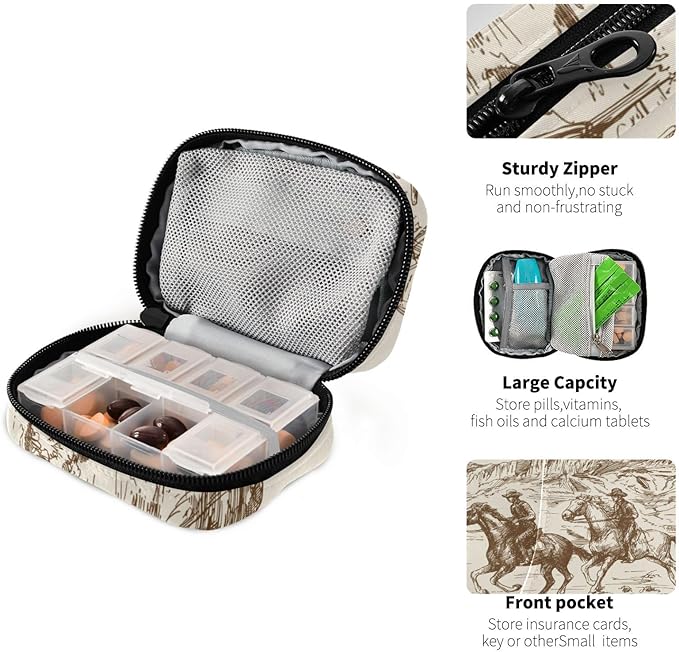 Ollabaky Western Desert Cowboy Vintage Pill Organizer Travel Pill Cases Bag Portable Pill Container 7 Days Pill Box Organizer Vitamin Supplement Holder with Zipper for Family Business