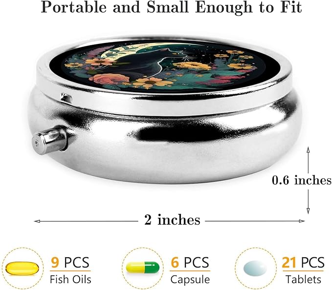 Pill Box, Small Pill Organizer with 3 Compartments and Mirror, Cute Round Portable Travel Metal Pill Case for Pocket or Purse, Privacy-Protecting Medicine Box-Dark Night Moon Flower Cat
