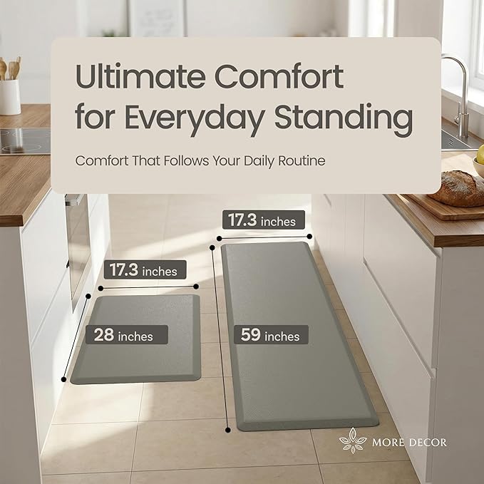 Anti Fatigue Kitchen Mats for Floor | Padded Kitchen Rugs | Non Slip, Cushioned Standing Desk Mat | Waterproof Floor Mat | 17.3" x 28" x 0.47" & 17.3" x 59" x 0.47", Grey, 2-Pack | More Décor