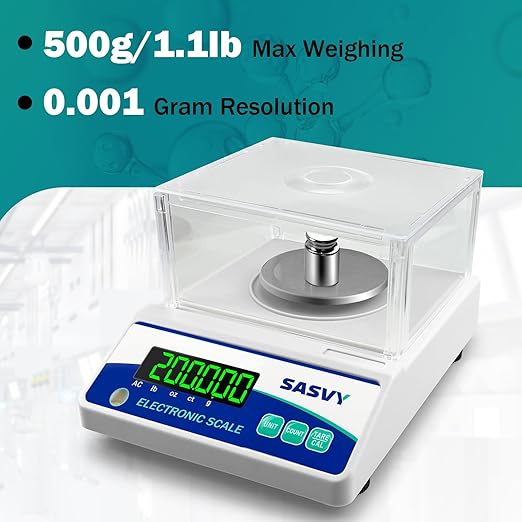 Lab Scale 500g x 0.001g Scientific Scale g/oz/ct/lb High Precision Digital Electronic Analytical Balance for Jewelry Kitchen Laboratory School, Includes 200g Calibration Weight&Battery